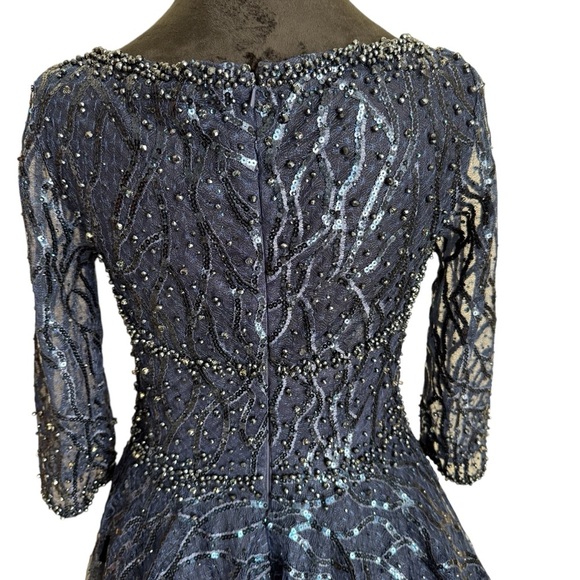 MAC DUGGAL HIGH NECK ABOVE ELBOW SLEEVE EMBELLISHED ALINE NAVY MIDI DRESS 4 - Picture 9 of 14
